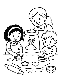 Free printable Family Baking Cookies Together coloring page