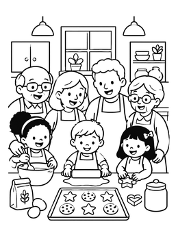 A happy family coloring page showing grandparents, parents, and kids baking cookies in the kitchen.
