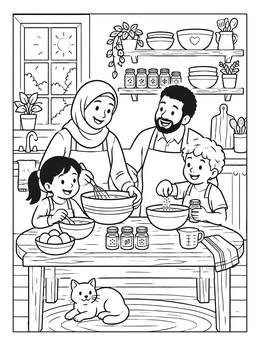 Free printable Family Baking In Cozy Kitchen coloring page