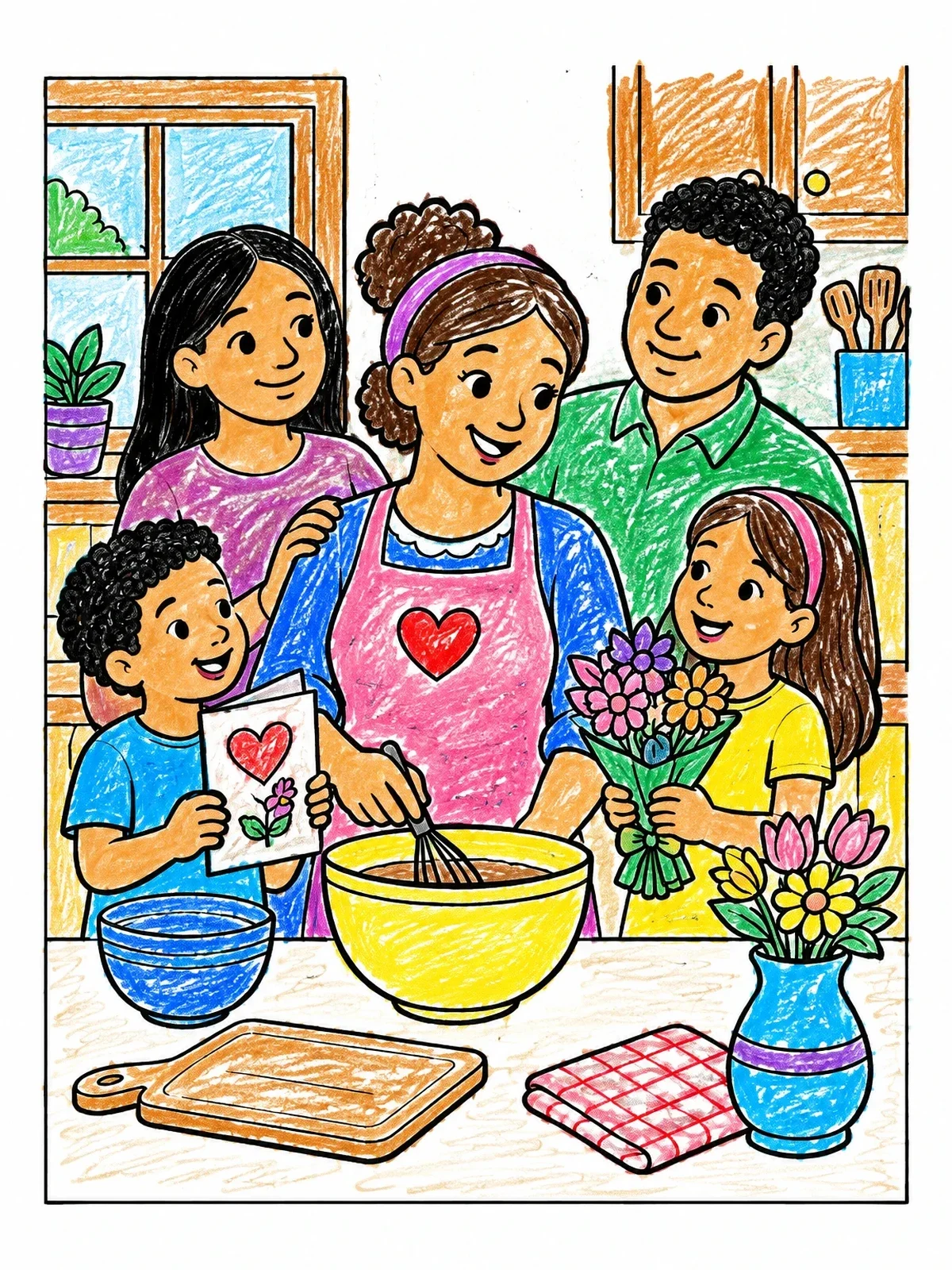 Colored example of the Family Baking For Mother's Day coloring page