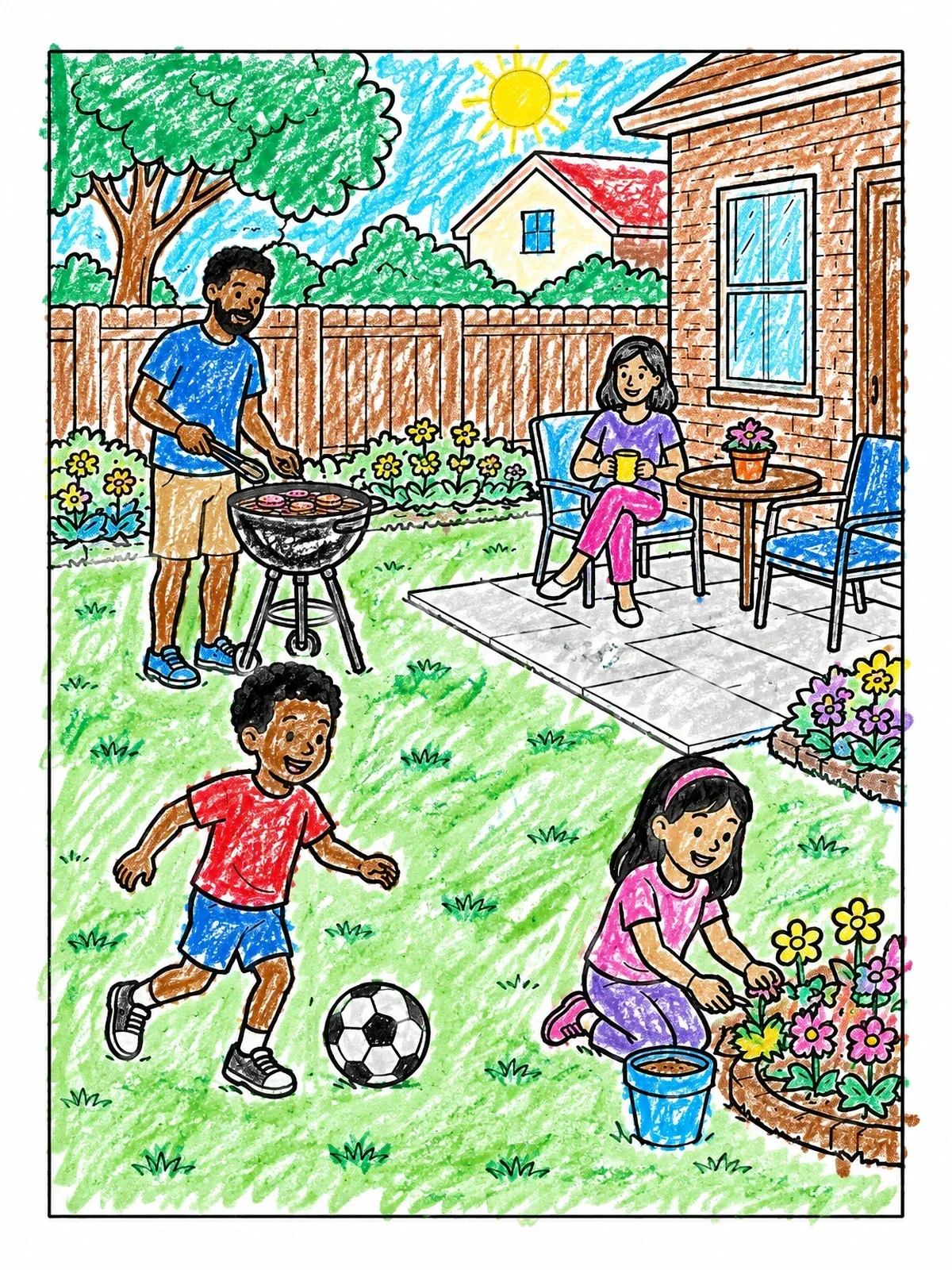 Colored example of the Family Barbecue In The Backyard coloring page
