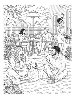 Friends gather for a patio barbecue with a dog in this detailed backyard coloring page.