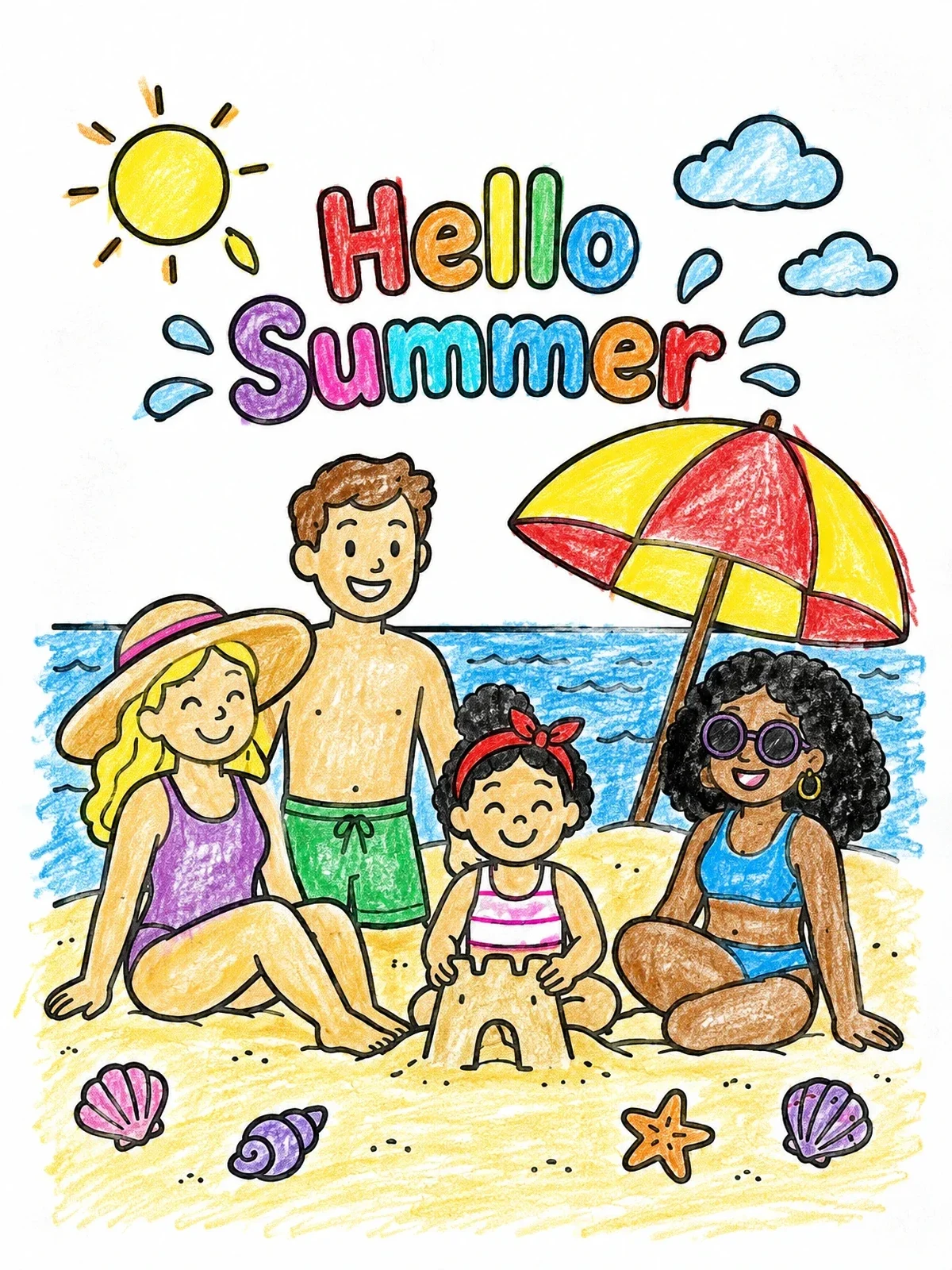 Colored example of the Family Beach Day Hello Summer coloring page