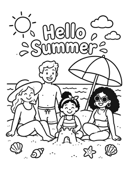 Free printable Family Beach Day Hello Summer coloring page