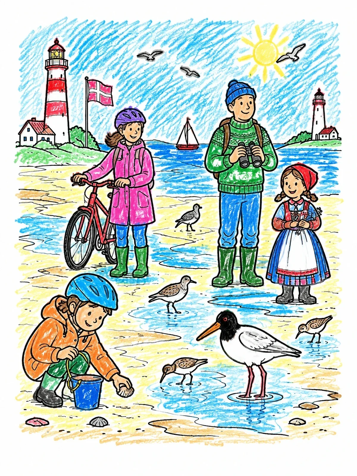 Colored example of the Family Beach Day In Denmark coloring page