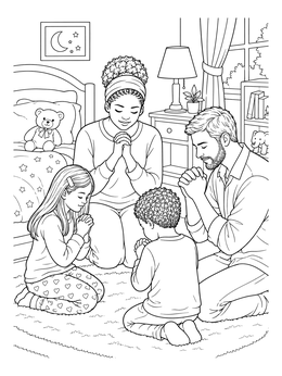 A family kneels together on a rug in this peaceful prayer coloring page.