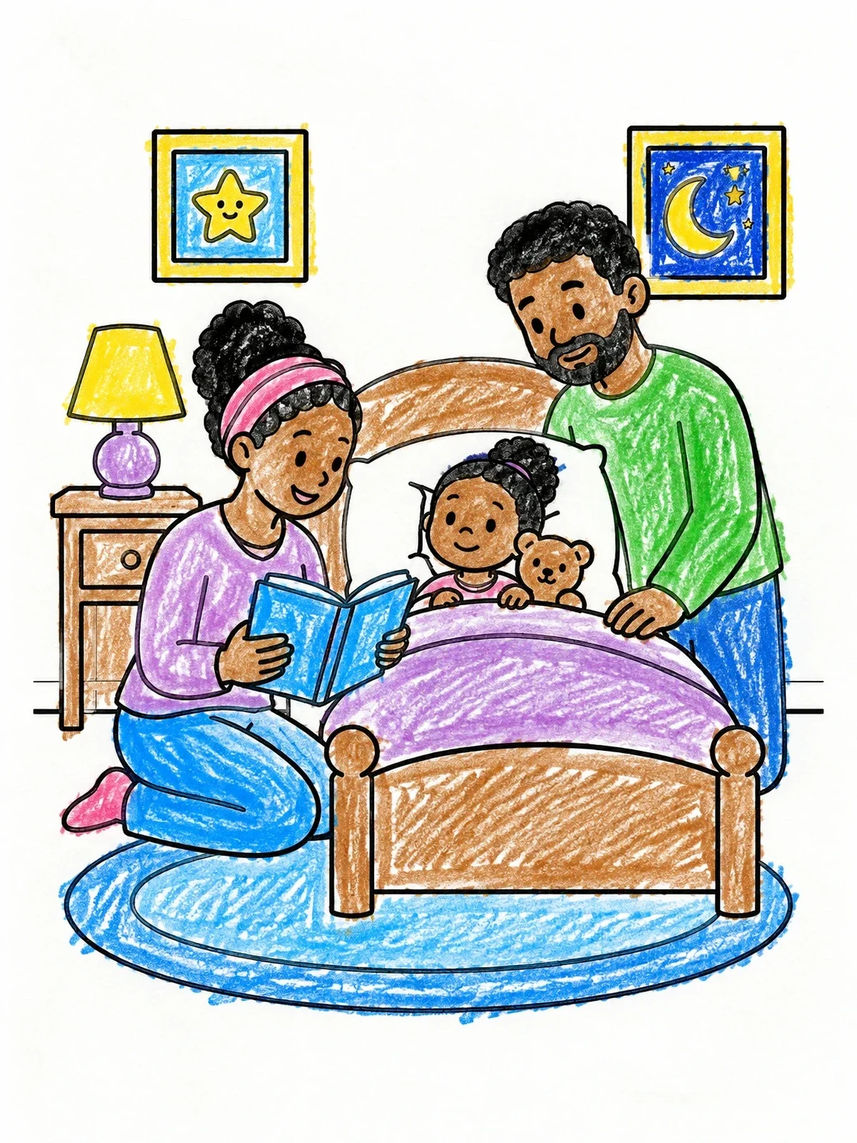 Colored example of the Family Bedtime Story In Bedroom coloring page