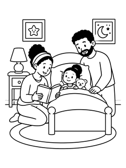 Free printable Family Bedtime Story In Bedroom coloring page