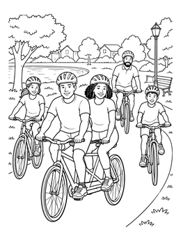 A cheerful family bike ride in the park on this detailed family coloring page.