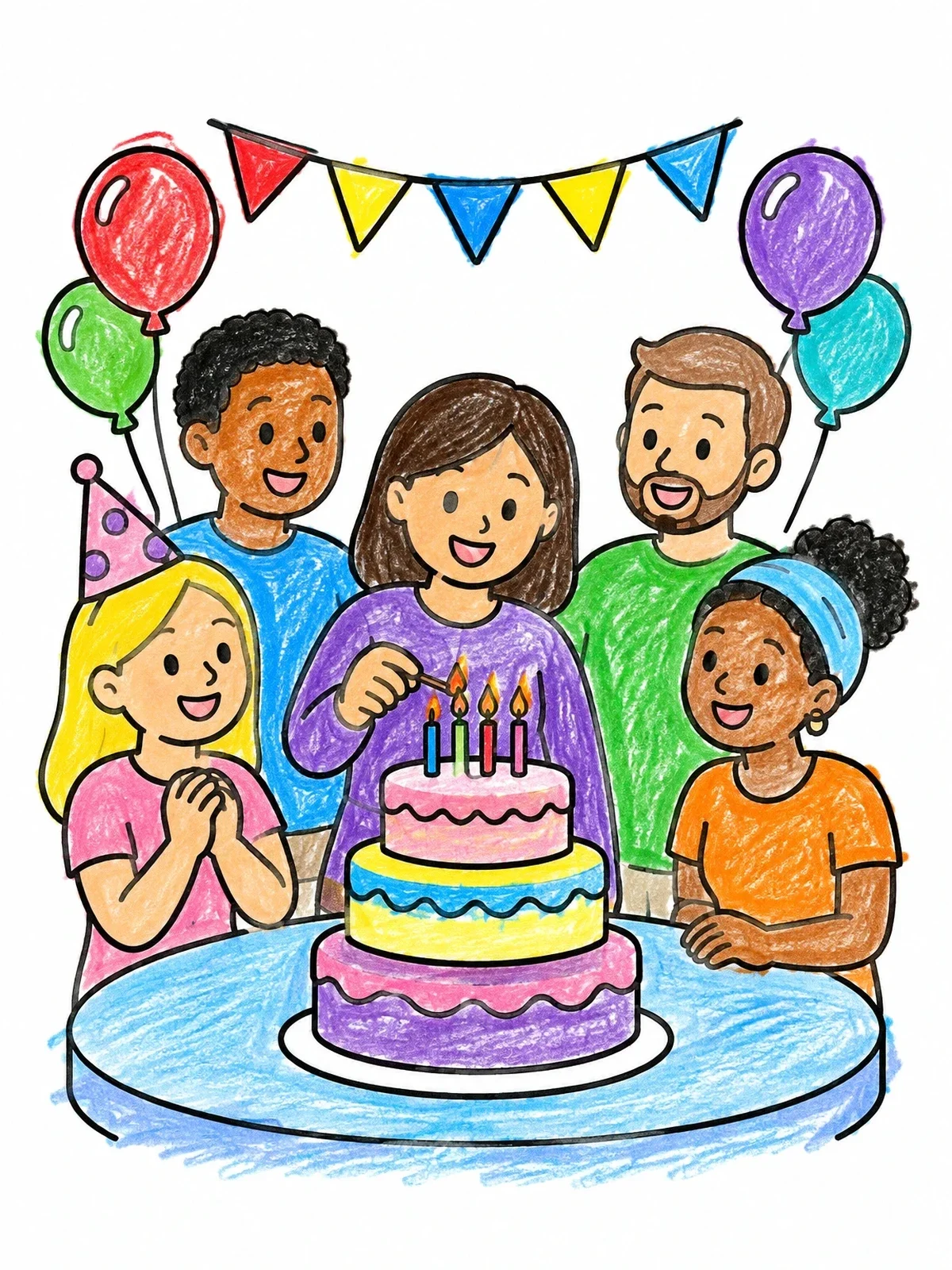 Colored example of the Family Birthday Cake Celebration coloring page