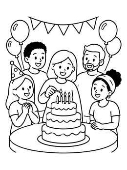 Free printable Family Birthday Cake Celebration coloring page