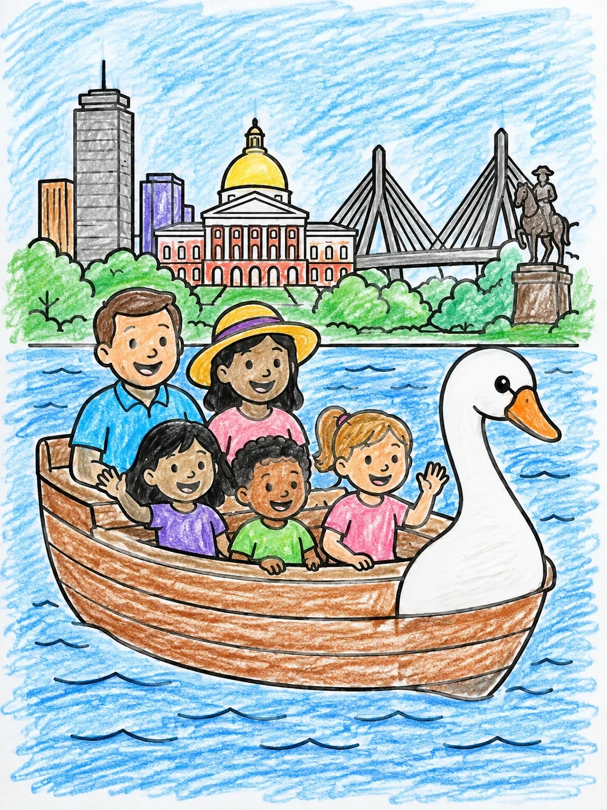 Colored example of the Family Riding A Boston Swan Boat coloring page