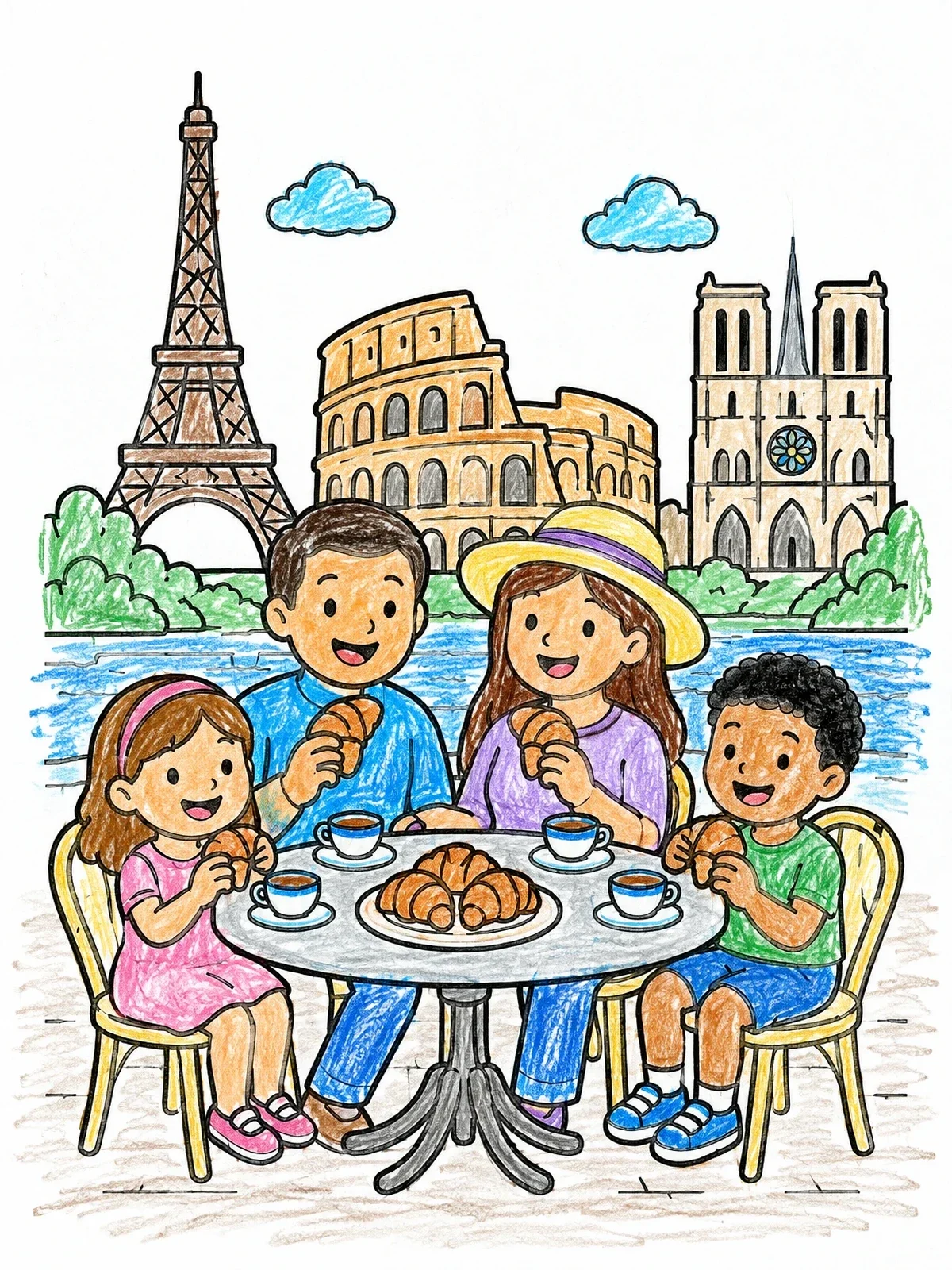 Colored example of the Family Breakfast By European Landmarks coloring page