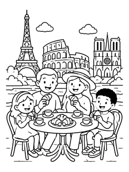 Free printable Family Breakfast By European Landmarks coloring page