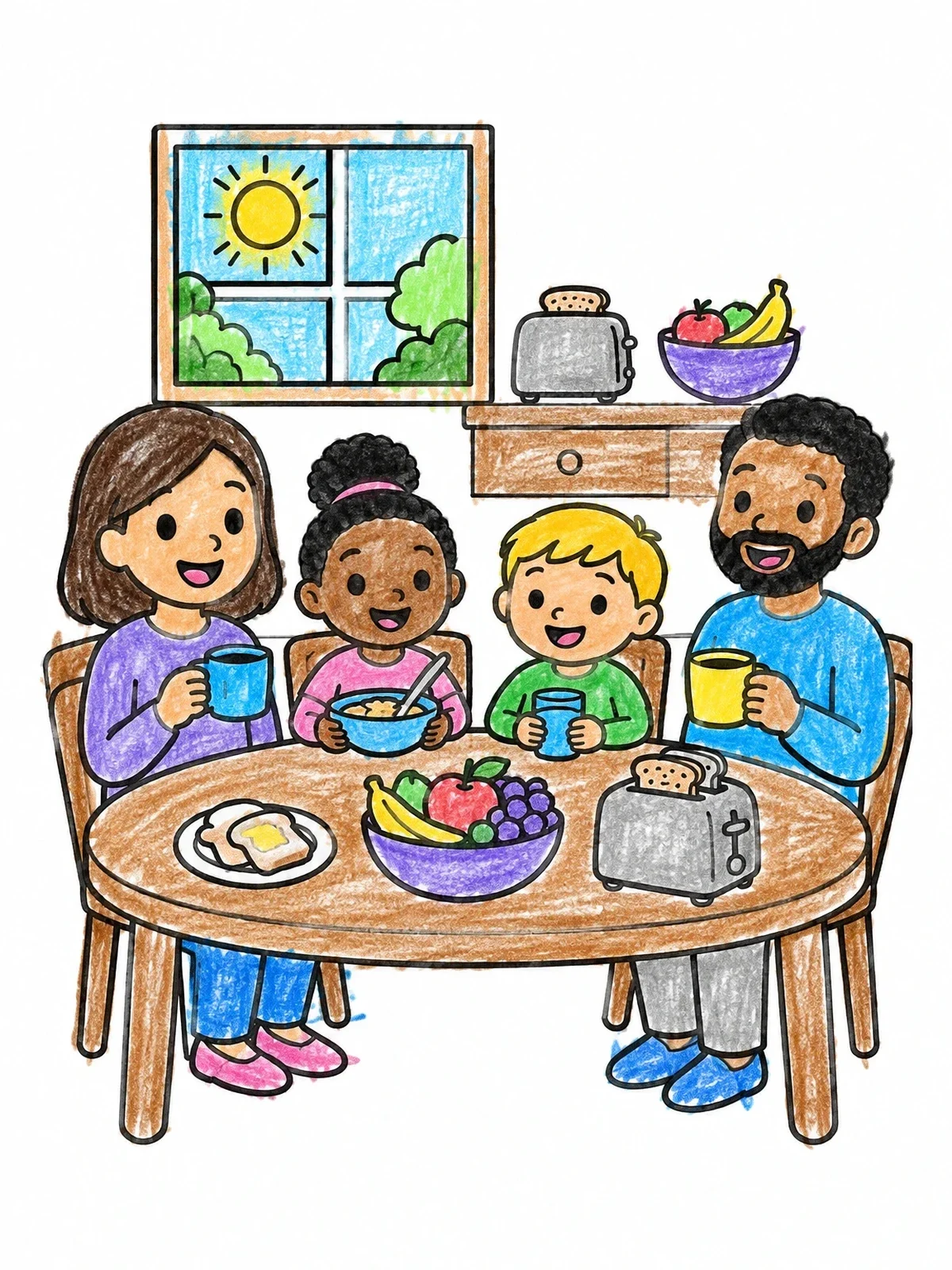 Colored example of the Family Breakfast In The Morning coloring page