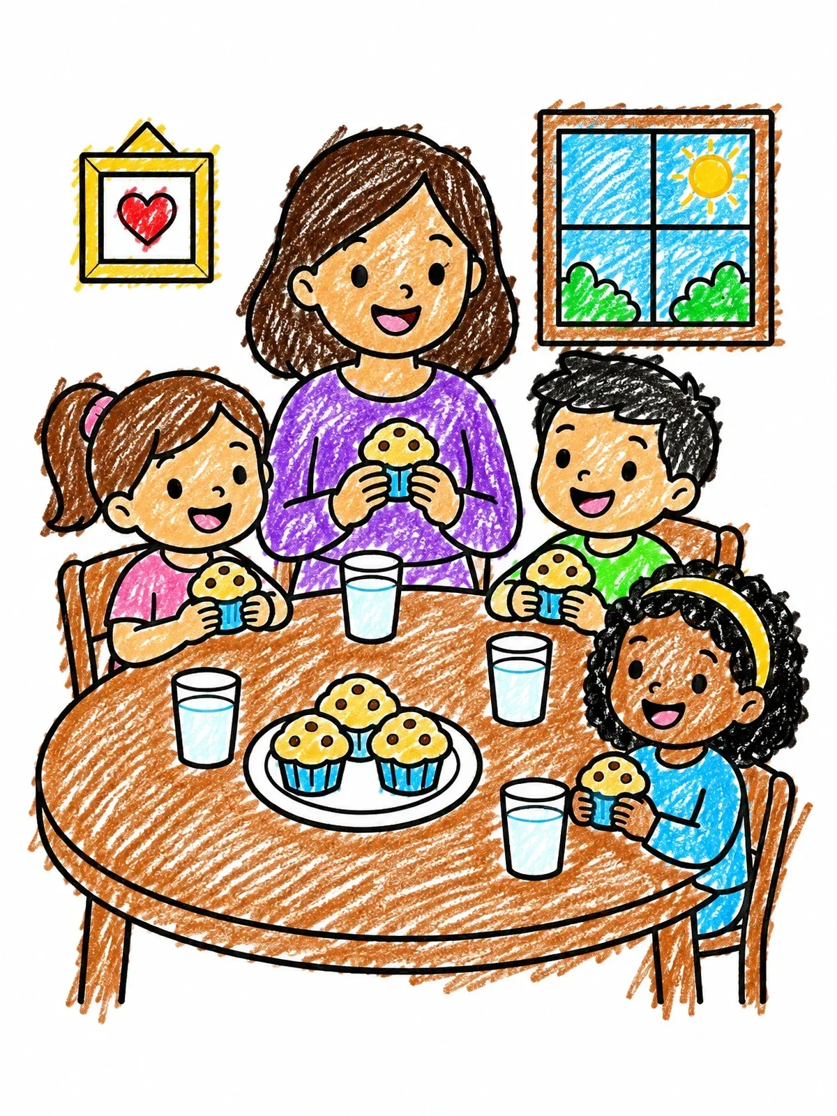 Colored example of the Family Breakfast With Muffins coloring page