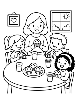 Free printable Family Breakfast With Muffins coloring page