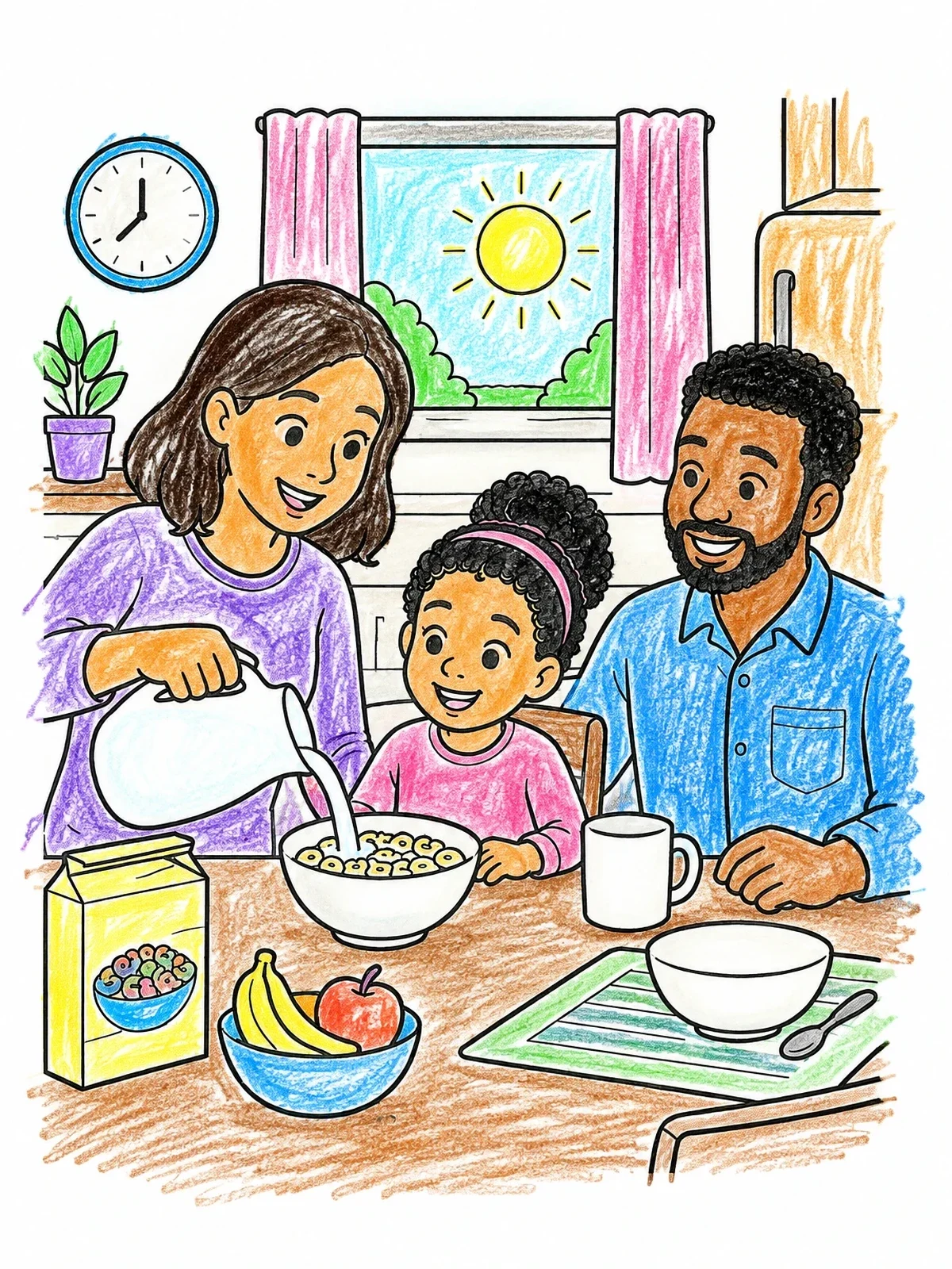 Colored example of the Family Breakfast On A Sunny Morning coloring page