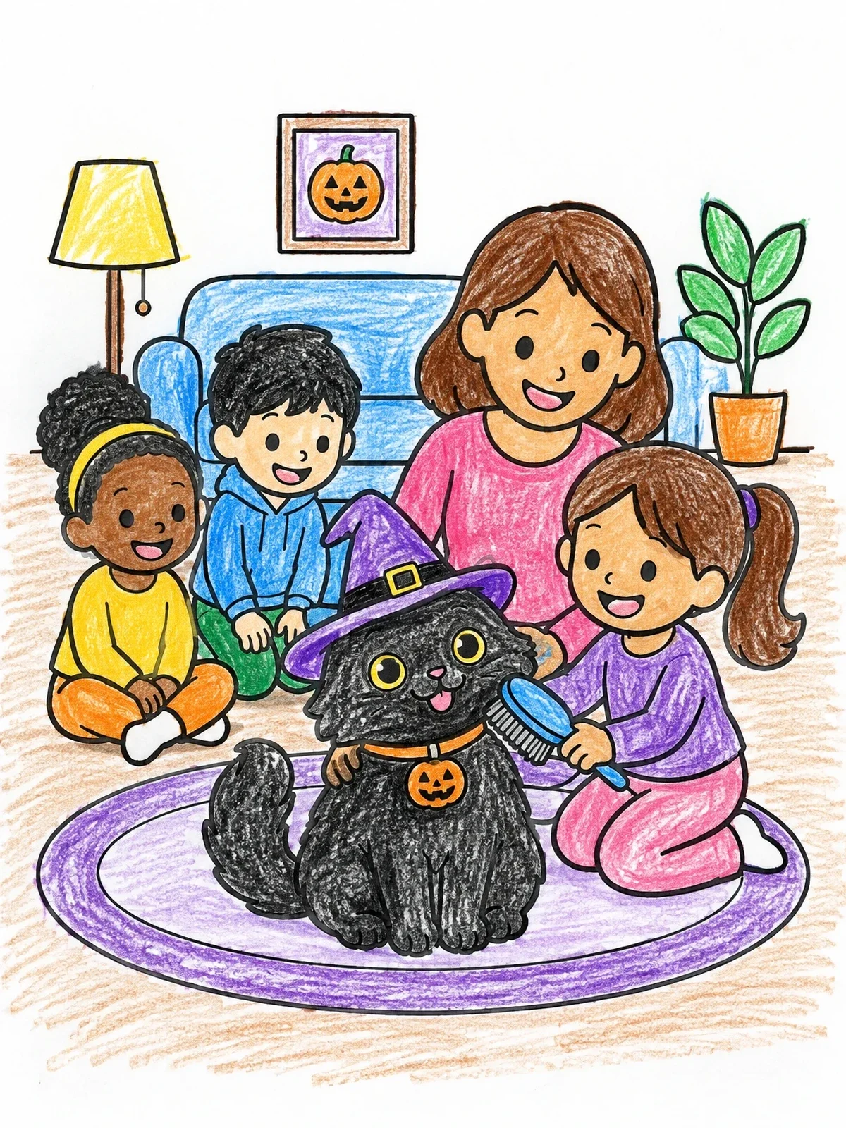 Colored example of the Family Brushing A Halloween Cat coloring page