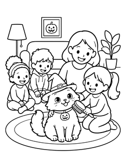 A family grooms a friendly pet in this halloween cat coloring page.