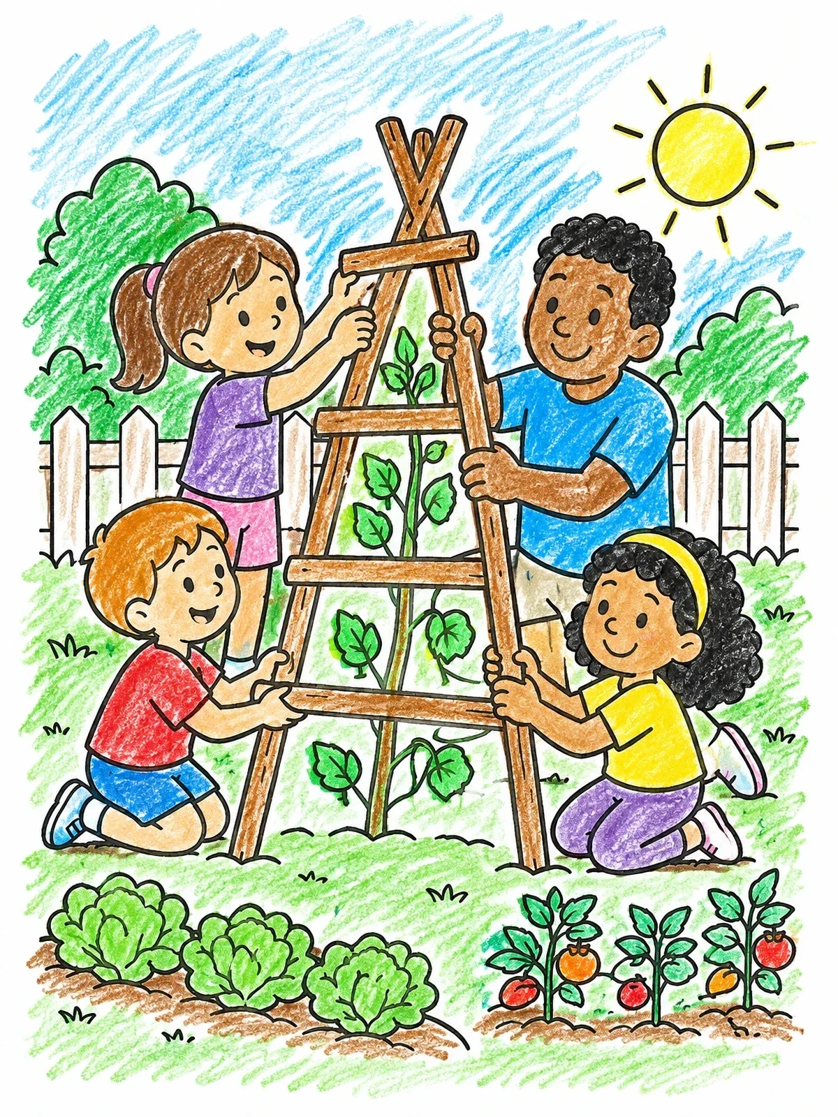 Colored example of the Family Building A Garden Trellis coloring page