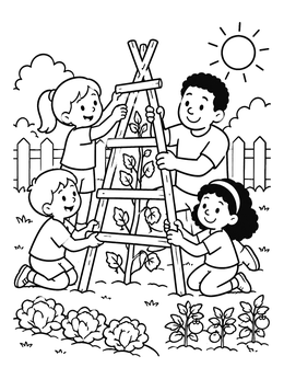A cheerful family garden coloring page showing kids and a dad building a wooden plant trellis together.