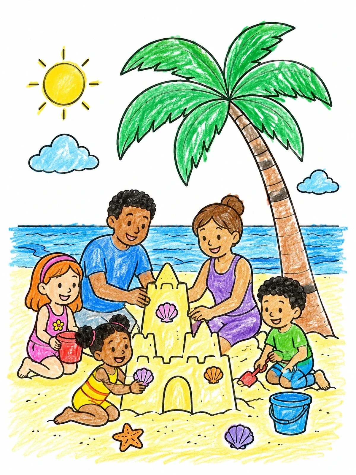 Colored example of the Family Building Sandcastle By Palm Tree coloring page