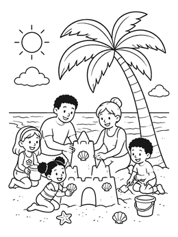 Free printable Family Building Sandcastle By Palm Tree coloring page