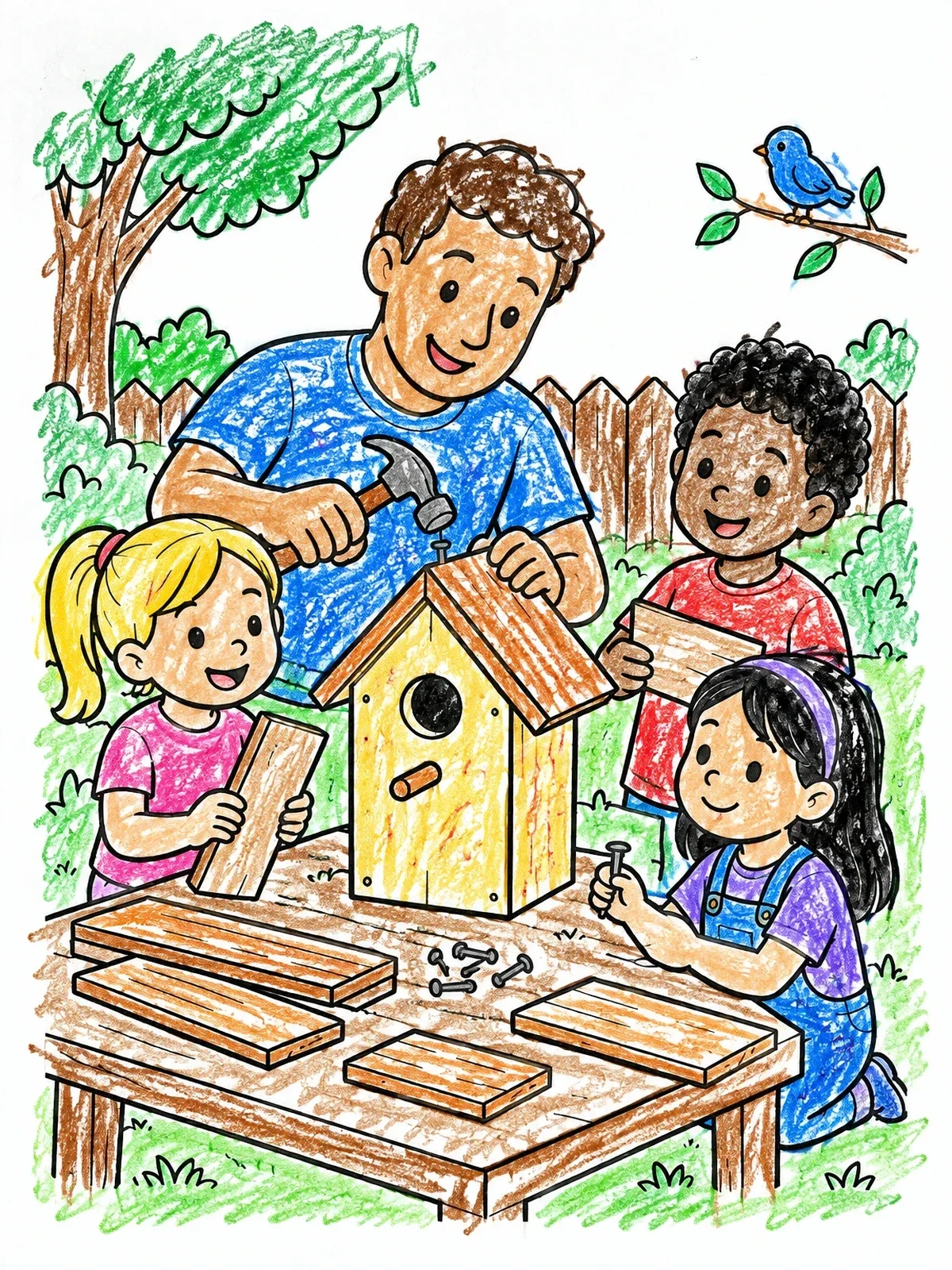 Colored example of the Family Building A Wooden Birdhouse coloring page