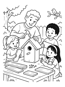 Free printable Family Building A Wooden Birdhouse coloring page