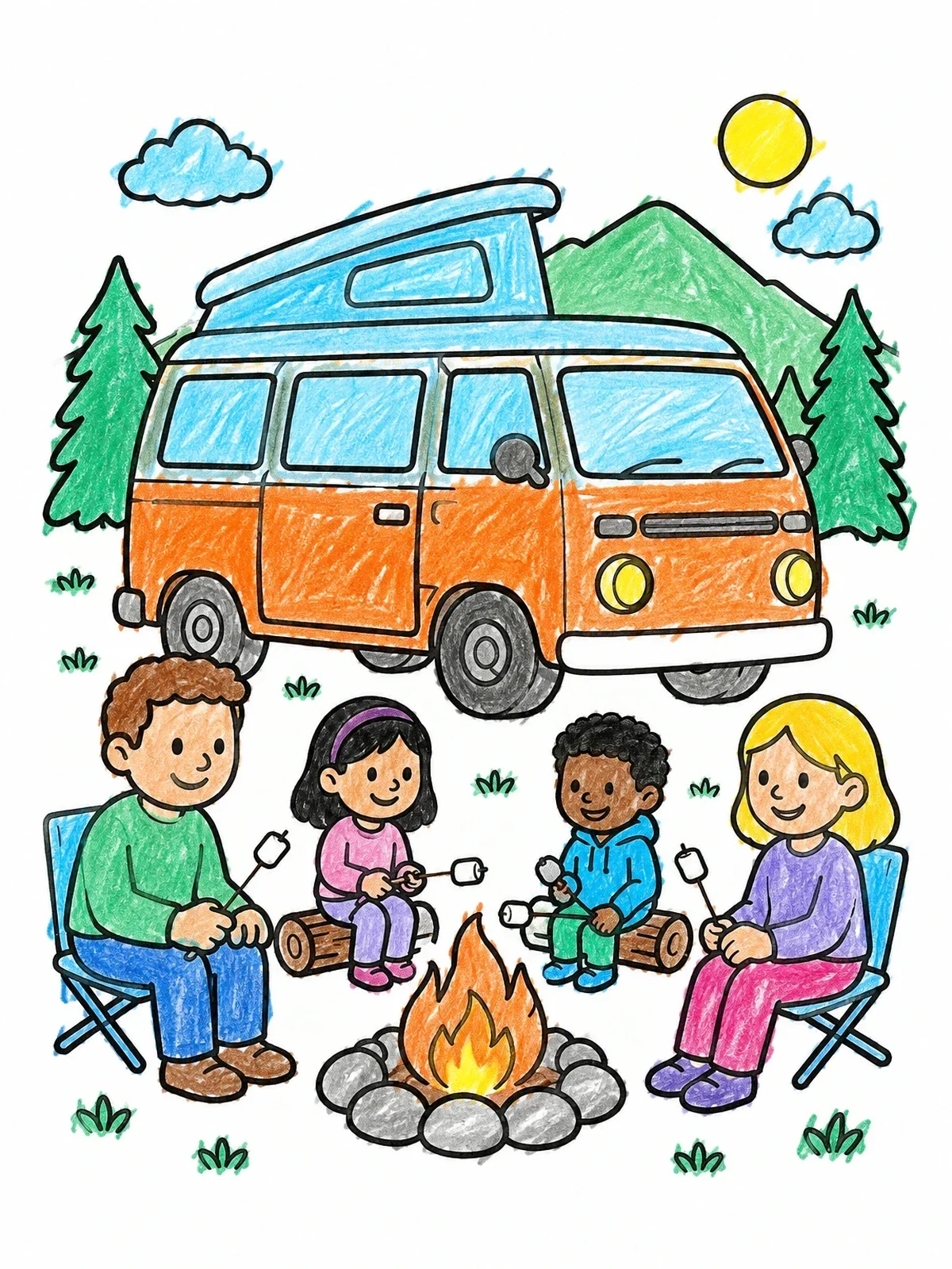 Colored example of the Family Camping By Camper Van coloring page