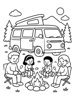 Free printable Family Camping By Camper Van coloring page