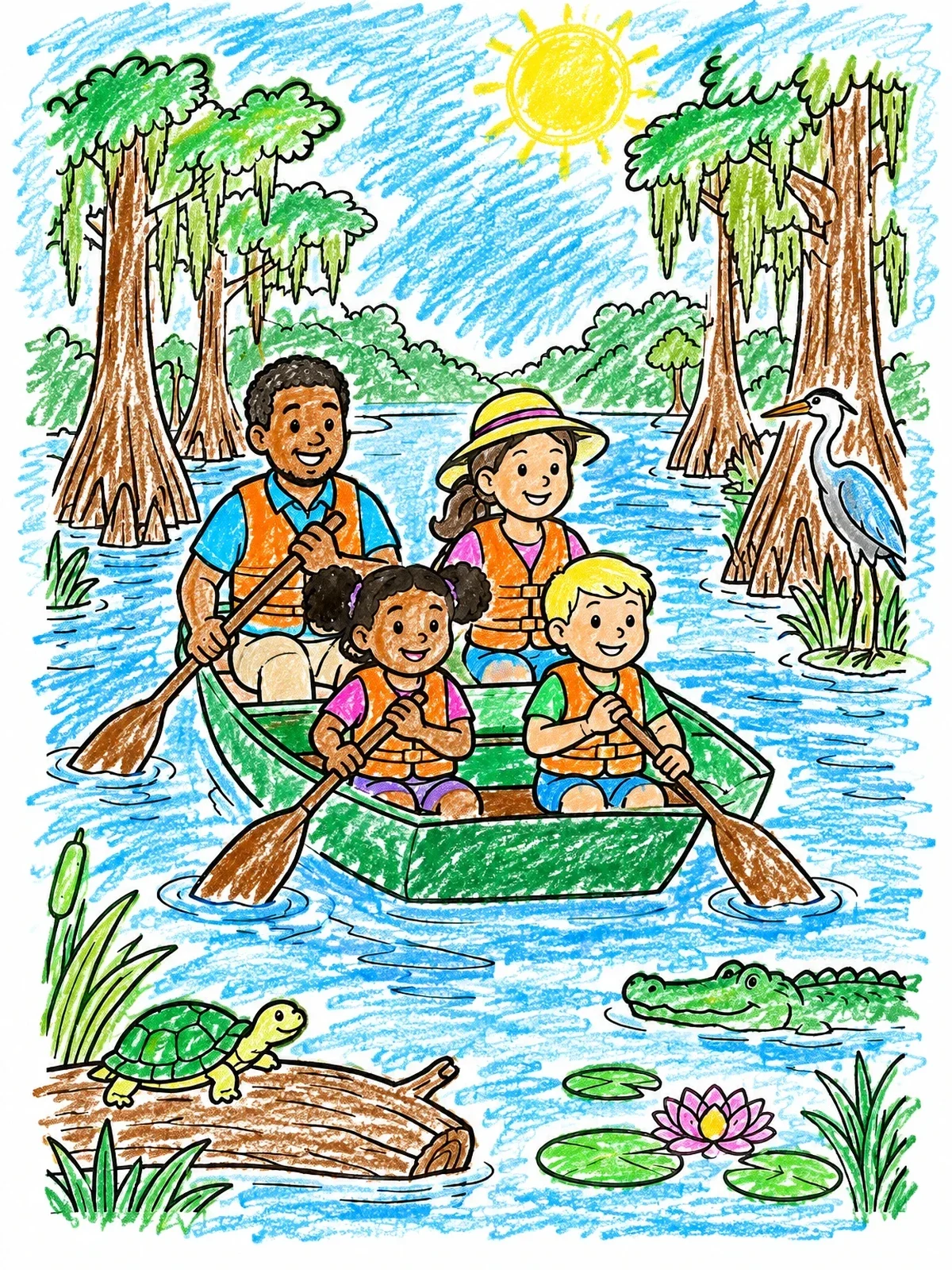 Colored example of the Family Canoeing In The Bayou coloring page