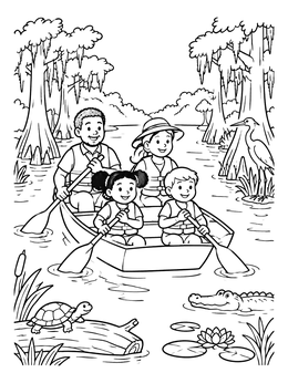 Free printable Family Canoeing In The Bayou coloring page