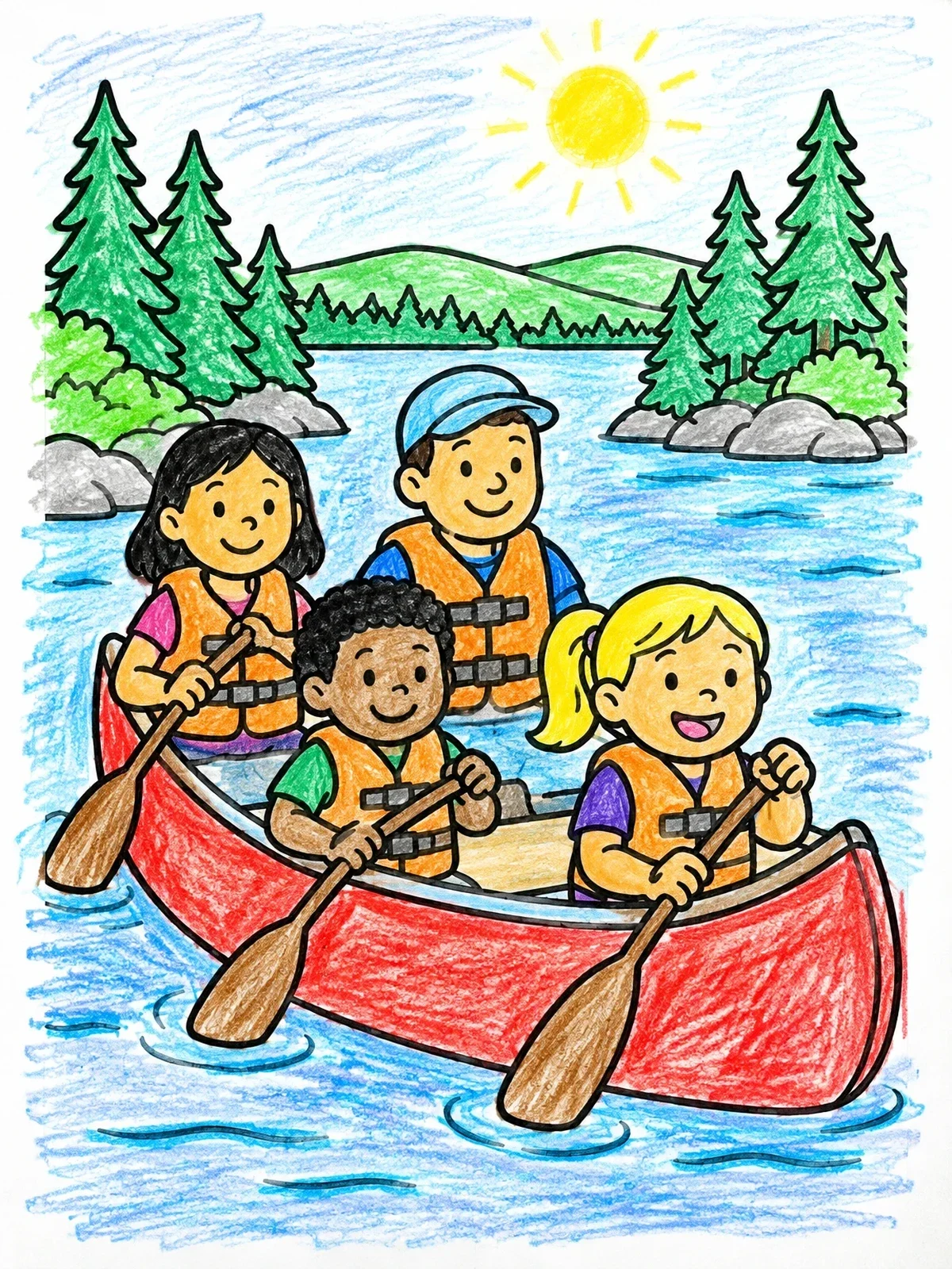 Colored example of the Family Canoeing In Minnesota Waters coloring page