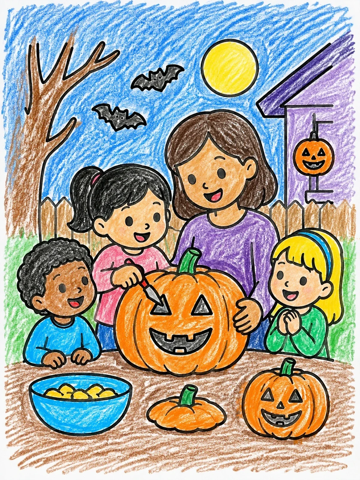 Colored example of the Family Carving A Jack O' Lantern coloring page