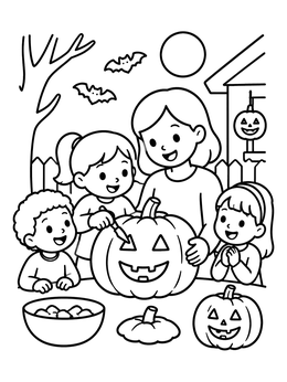 A mother and children carving a pumpkin in this halloween cartoon coloring page outdoors.