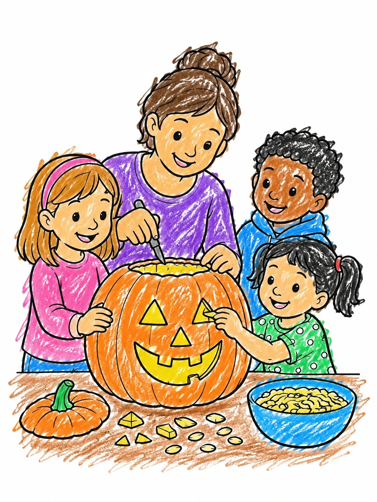 Colored example of the Family Carving A Jack O' Lantern coloring page
