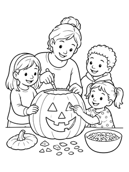 A mother and children carving a jack-o'-lantern on this pumpkin coloring page.