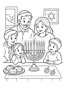 Free printable Family Celebrating Hanukkah Around The Menorah coloring page