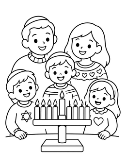 Free printable Family Celebrating Hanukkah Around Menorah coloring page