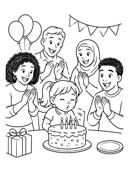 Free printable Family Celebrating Joyful Birthday Party coloring page