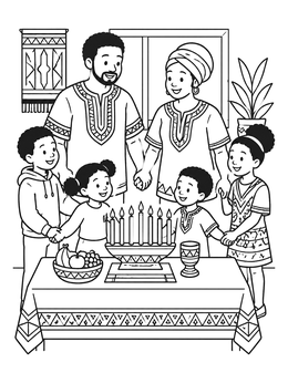 Free printable Family Celebrating Kwanzaa Around Kinara coloring page