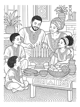 A happy family gathers around the kinara in this warm kwanza coloring page.