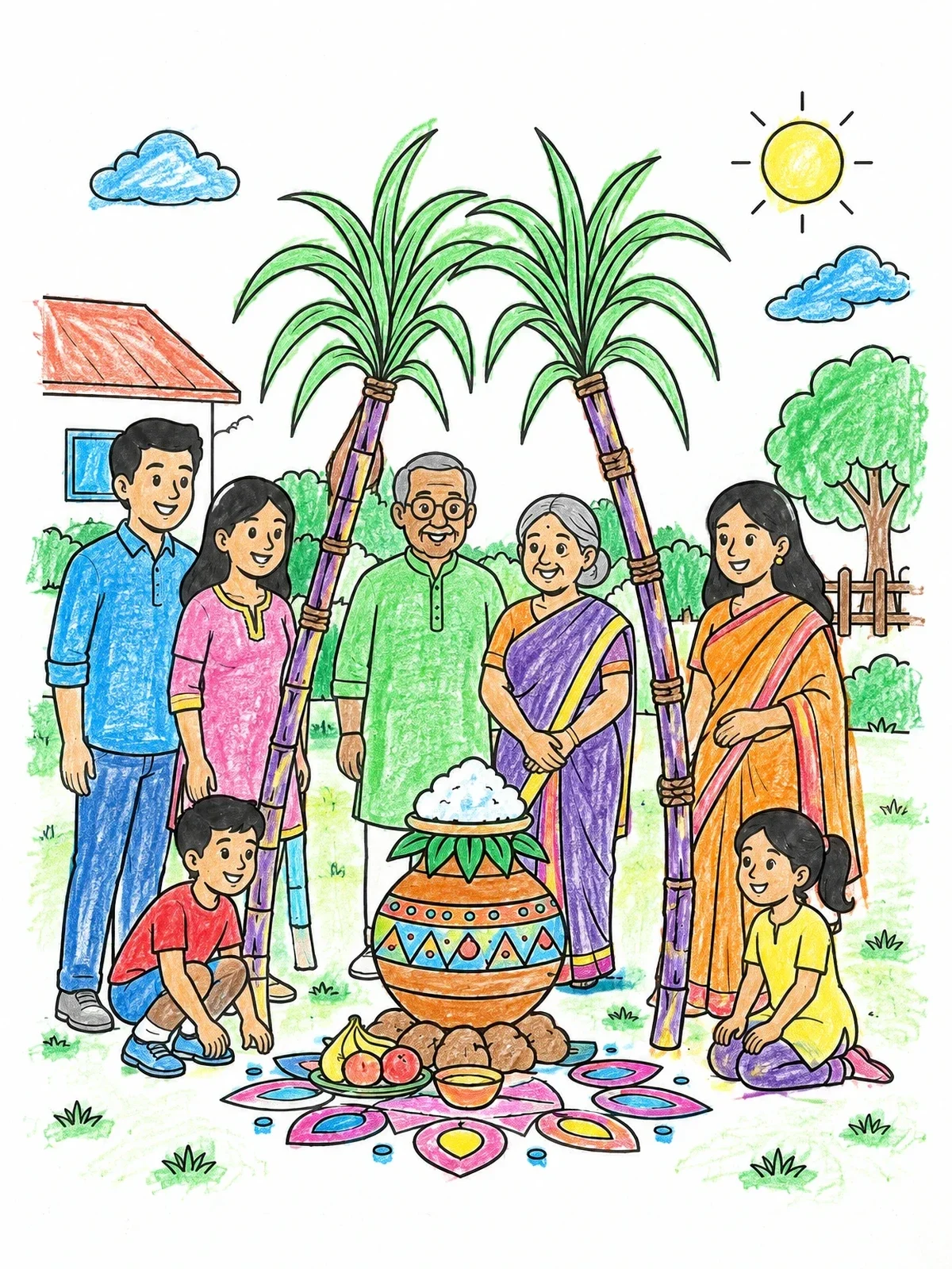 Colored example of the Family Celebrating Makar Sankranti Together coloring page
