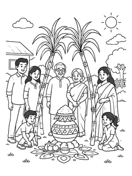 Free printable Family Celebrating Makar Sankranti Together coloring page