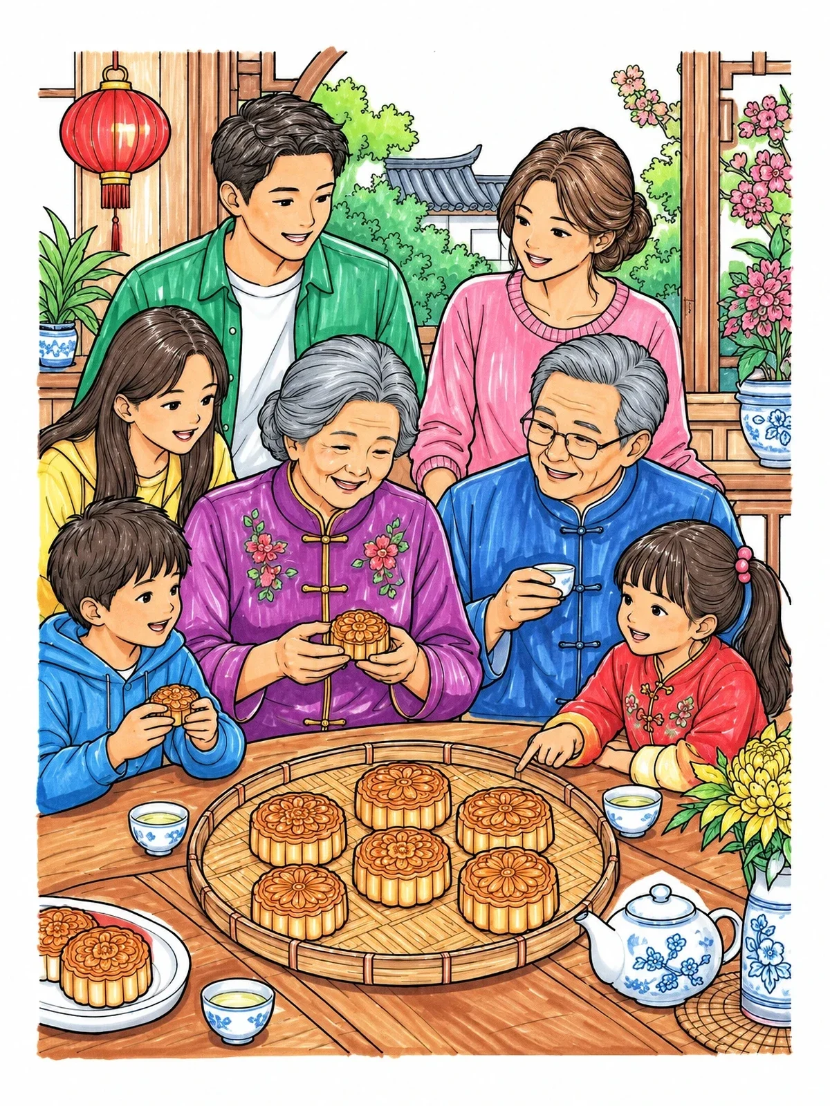 Colored example of the Family Sharing Mooncakes At Mid Autumn Festival coloring page
