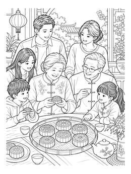 Free printable Family Sharing Mooncakes At Mid Autumn Festival coloring page