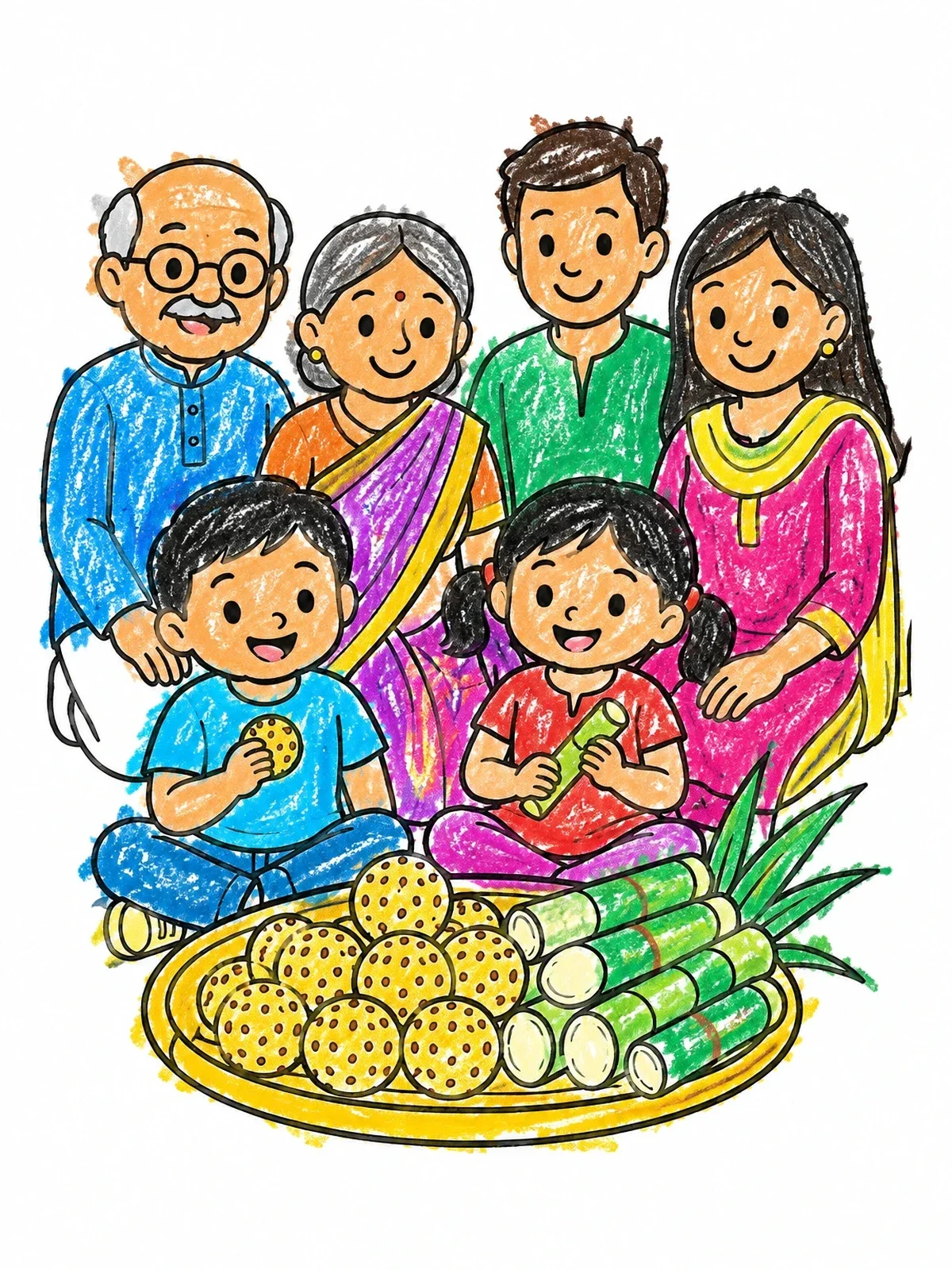 Colored example of the Family Celebrating Makar Sankranti Treats coloring page