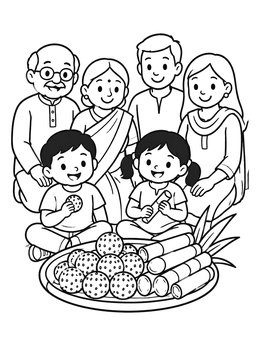 Free printable Family Celebrating Makar Sankranti Treats coloring page